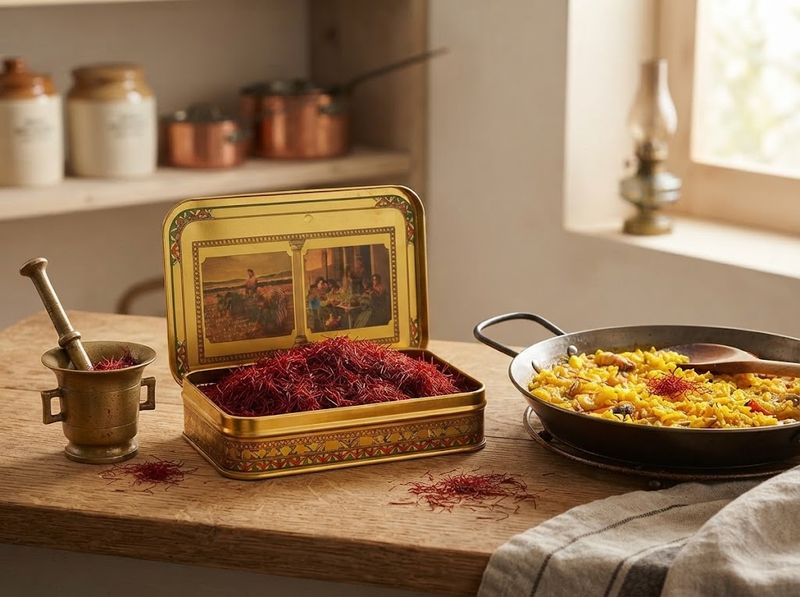 Open 1-ounce saffron tin beside a small trial tin on a wooden counter