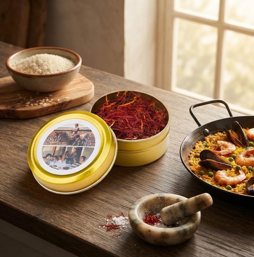 Pure Spanish Saffron 2 gram tin beside loose red threads