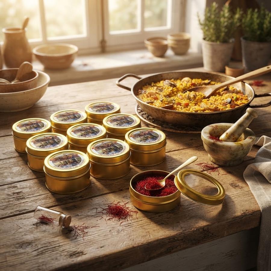 Twelve single gram saffron tins arranged for gifting