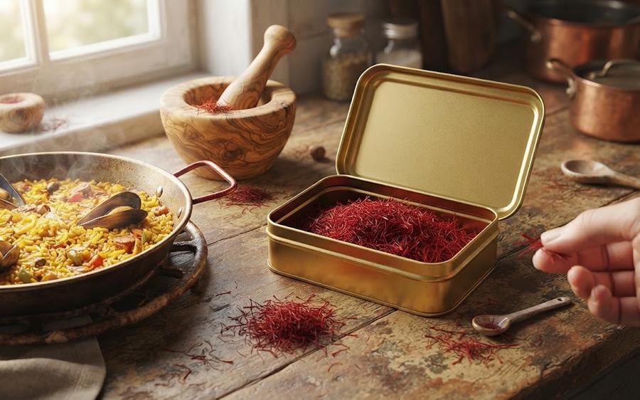 Half ounce Spanish saffron tin with threads spilling onto a board