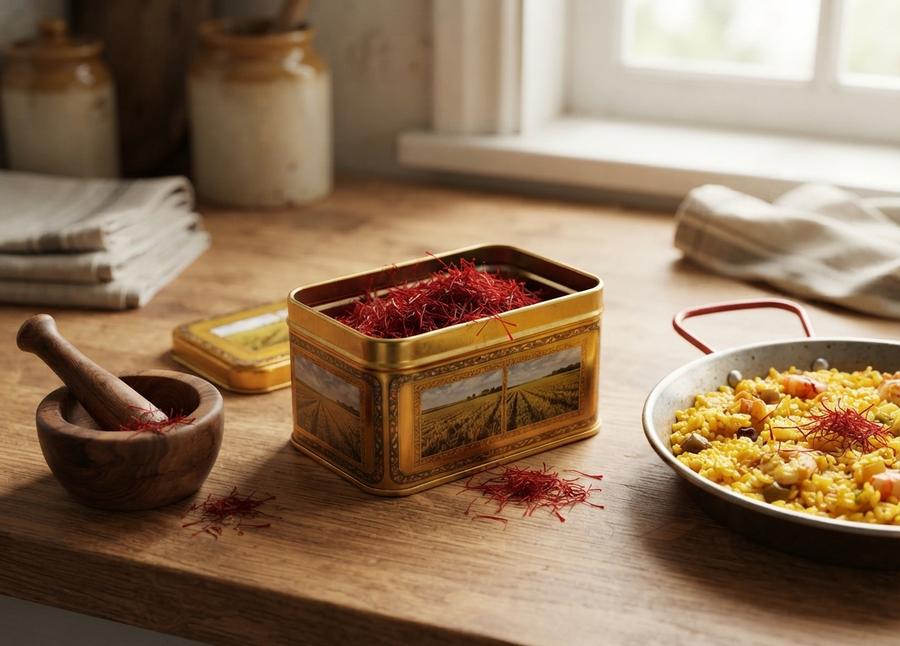 One ounce Spanish saffron tin with the lid resting beside it